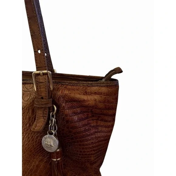 Brahmin Brown Embossed Crocodile Tote Bag with Logo Charm - Picture 3 of 6